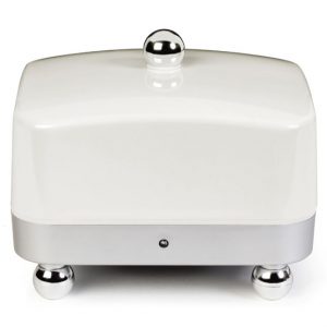 Temperature Controlled Butter Dish with a white lid and silver base